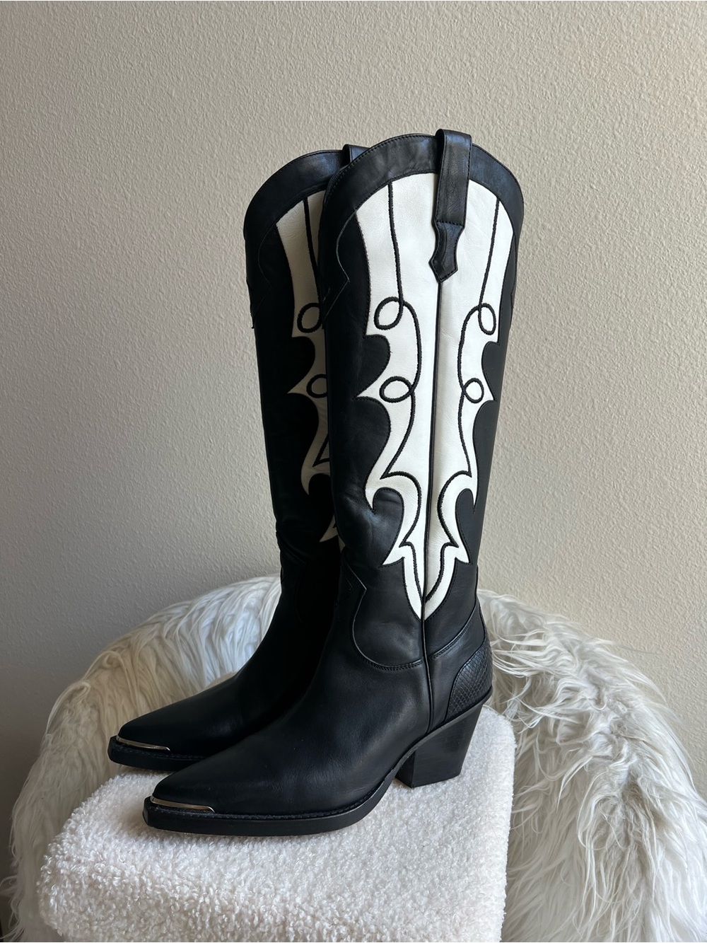 Black and White Western Knee-High Heeled Boots